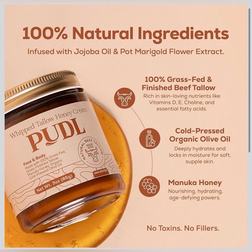 All Natural PUDL Whipped Beef Tallow Honey Cream — Unscented Cream 4fl.oz. NWT